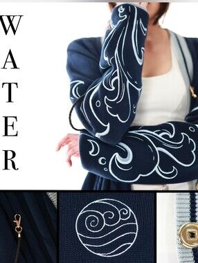Navy Embroidered Wave Cardigan Sweater